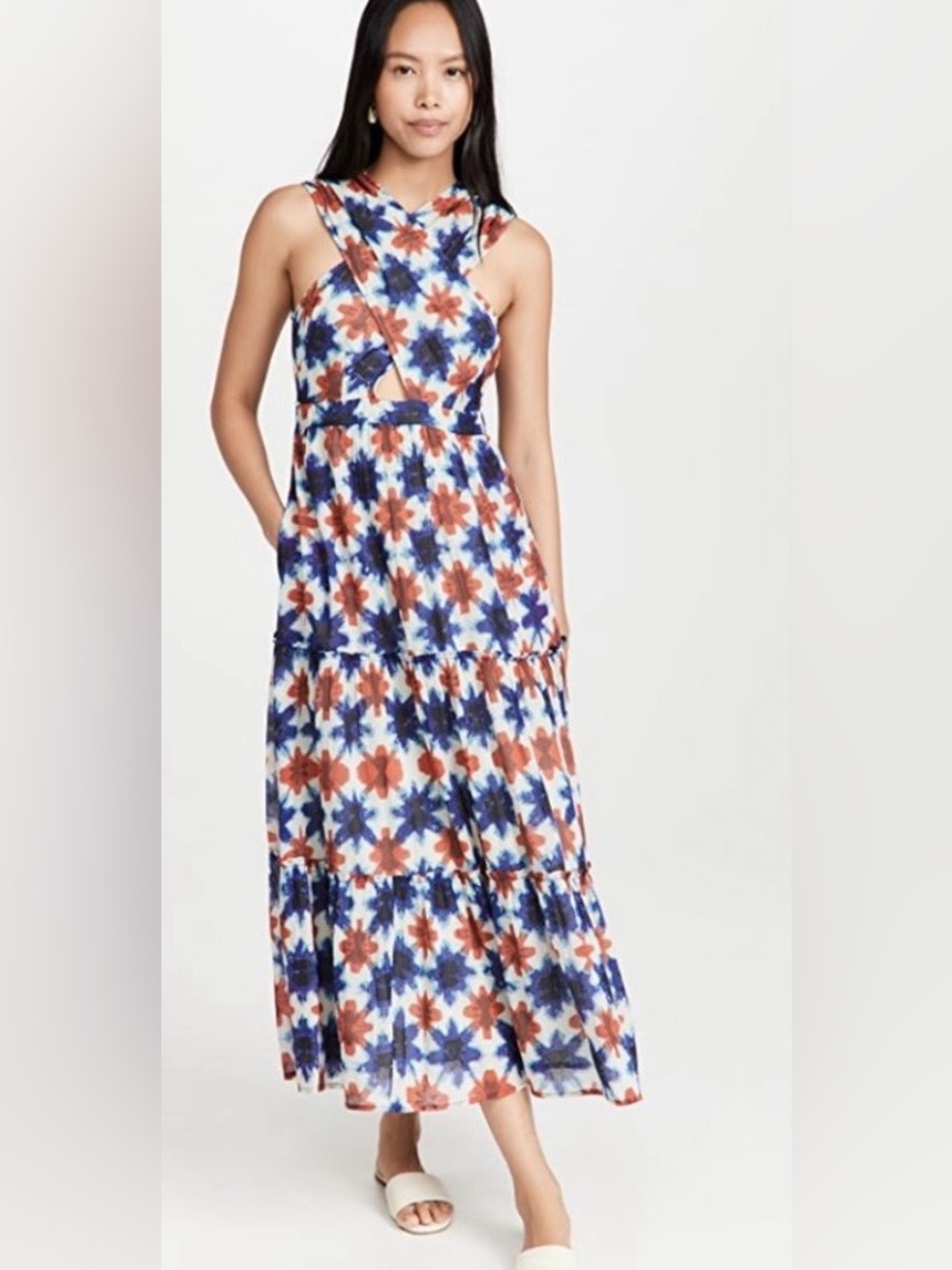 Banjanan - Harper Floral Tiered Sleeveless Maxi Dress in Blue/Rust